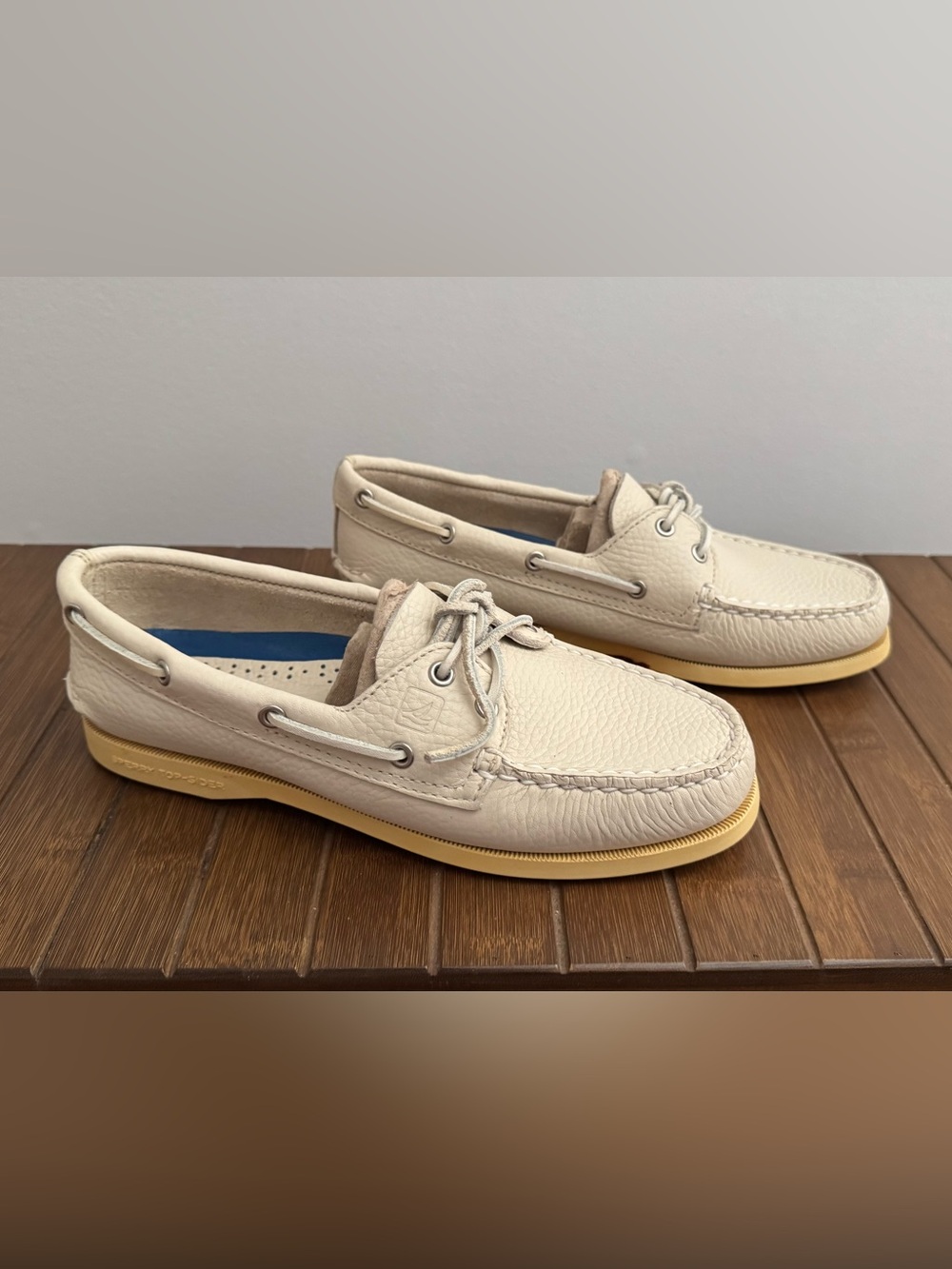 Sperry Cream Leather Boat Shoes with Tan Sole